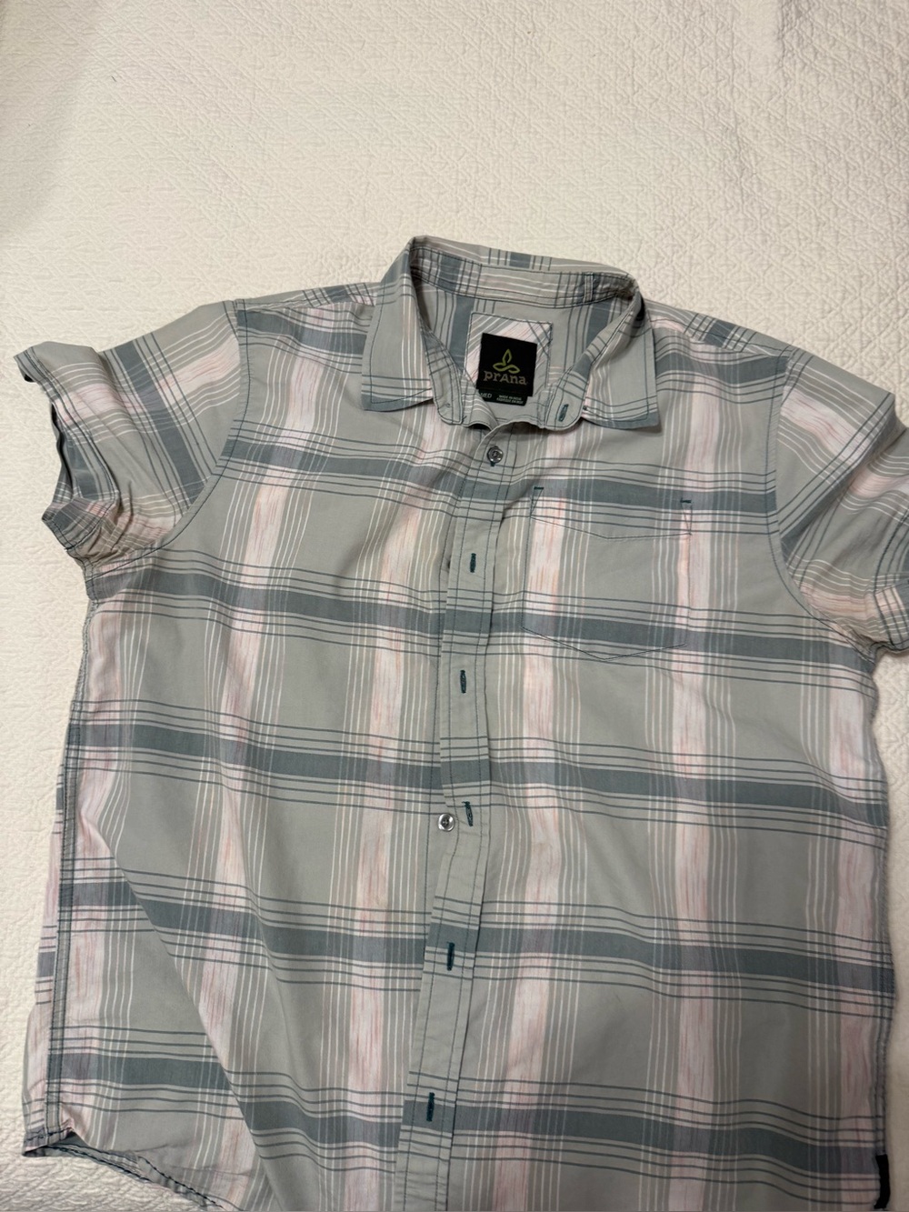 Prana Men’s Short-Sleeve Plaid Button-Down Shirt in Beige and Green size medium
